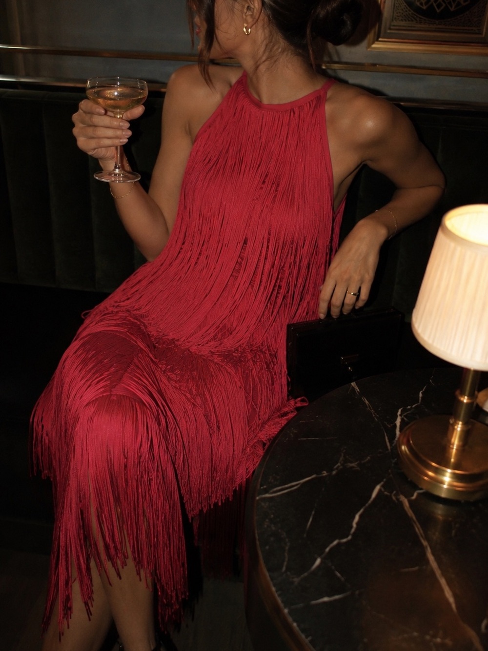 Hervé Léger Fringe Bandage Halter Midi Dress NWT XS Red Cocktail MSRP $1690